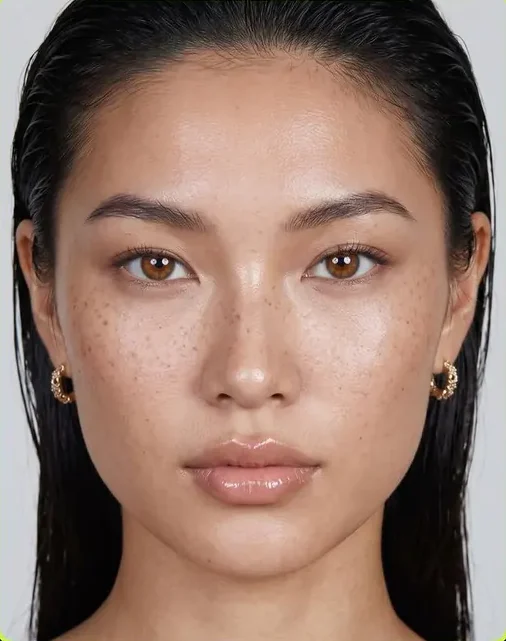 The same face with natural skin texture, freckles and directional light